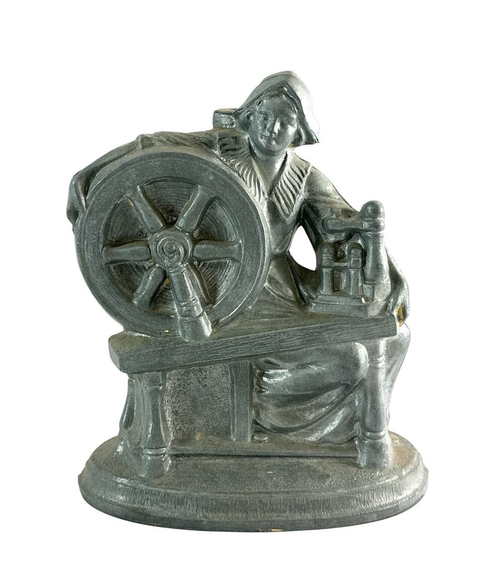 Vintage Cast Metal Woman Spinning Wheel Lamp Base Figurine 9” Industrial Decor